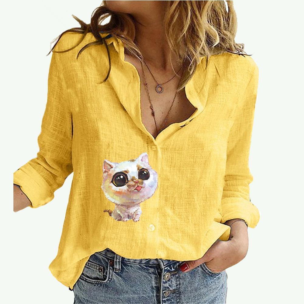 

Жіночі модні блузки з коміром з лацканами Весна та осінь Повсякденний кардиган з довгими рукавами Лляна сорочка Laides Топ з довгими рукавами з принтом 5XL жовтий