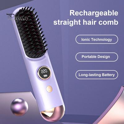Hair Straightener Brush LCD Display 9 Temp Adjustable Fast Heating Rechargeable Cordless Negative Ions Hot Brush Electric Curly Hair Styling