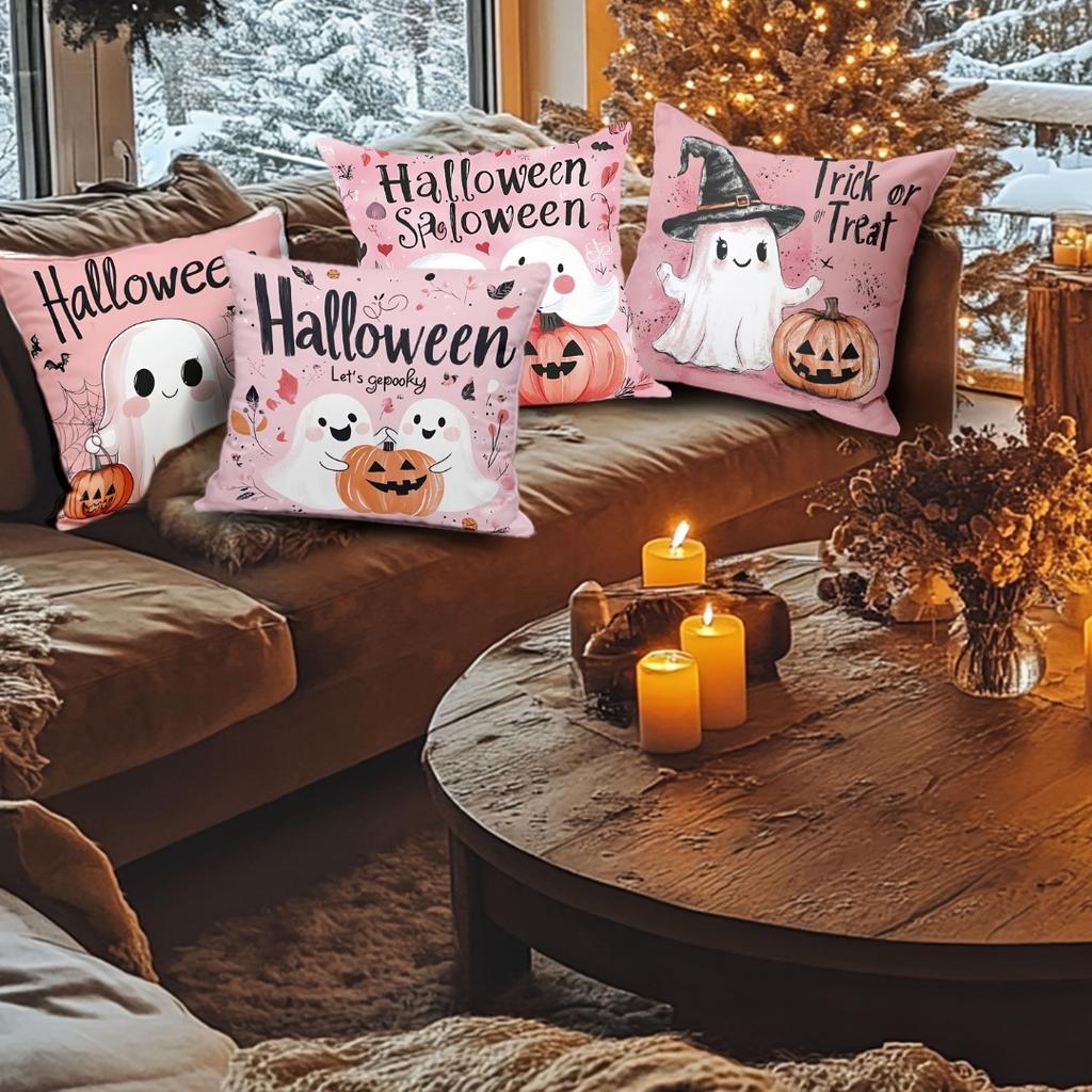 1pc Pink Halloween Cushion Cover with Ghost Pumpkin Pattern Doft Washable Cover for Holloween Themed Party Sofa Chair Decoration