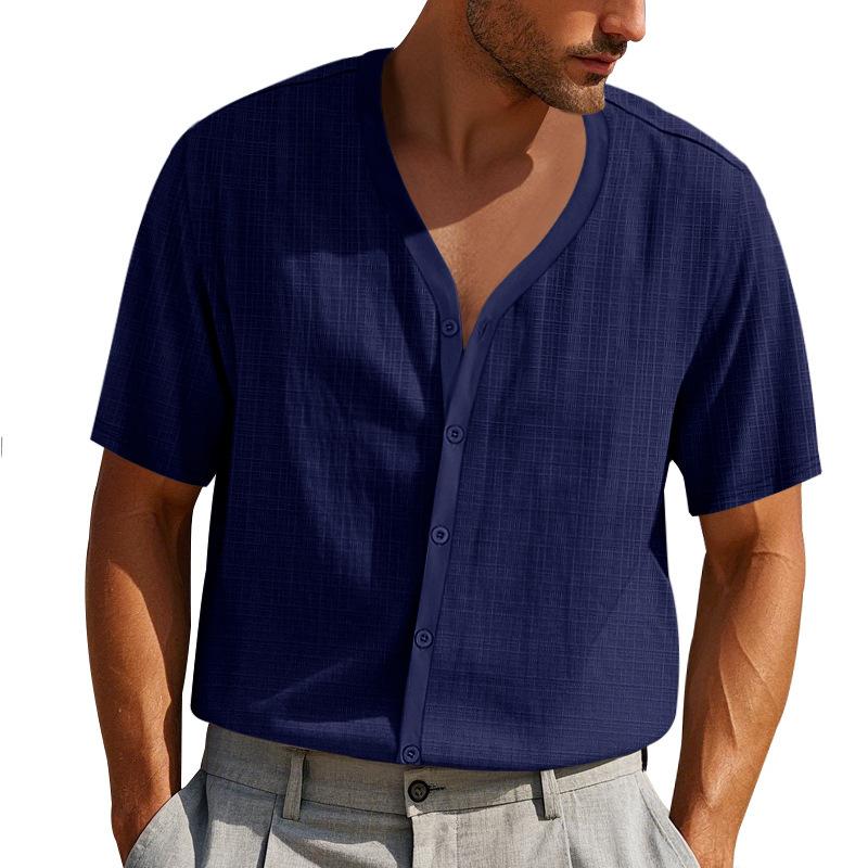 American Men's Summer Imitation Hemp Bamboo Short-sleeved Henry Shirt Loose Casual Trend Button Cardigan T-shirt Men's