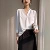 Women's Casual V-Neck Nine-Sleeve Faux Silk Satin Loose Shirt for Spring
