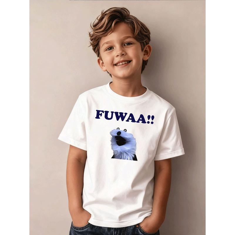 Boys Crewneck Tee, FUWAA Blue Fluffy Character Print 110