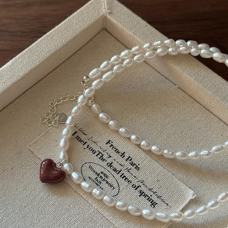S925 Sterling Silver Niche Design Sense Retro Love Pearl Necklace Korean Style Simple Collarbone Chain