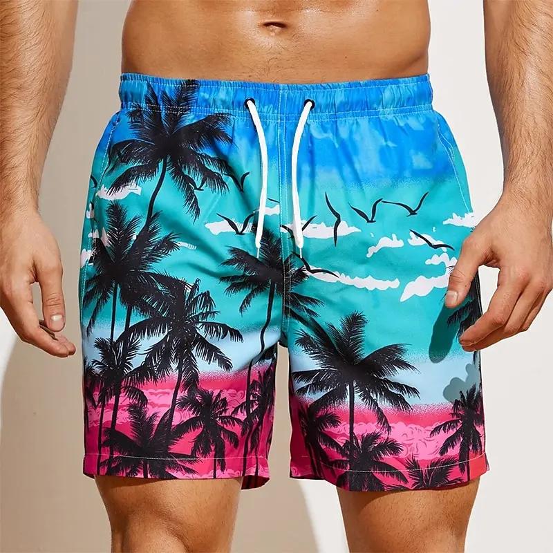 2024 Summer Oversized Casual Men's Drawstring Shorts Quick Dry Hawaii Holiday Sports Swimming Trunks Coconut Tree Printed Shorts
