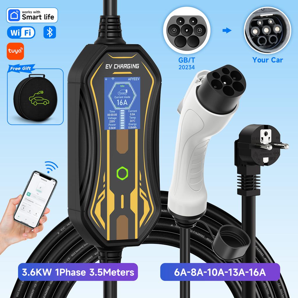 3.6KW Portable EV Charger Type2/Type1/GBT WiFi APP Control 16A 3.5M Cable for Electric Car Home Charging Wallbox
