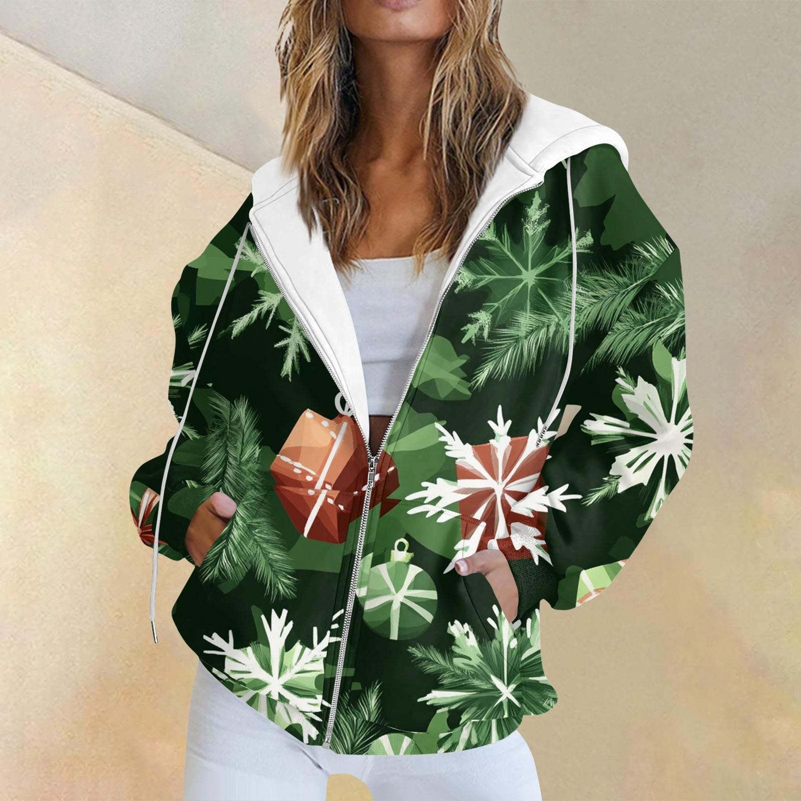 

Женская повседневная рождественская печатная толстовка на осень и зиму с длинными рукавами и карманом на молнии с капюшоном L