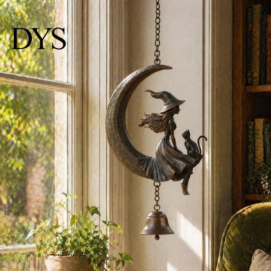 Wiccan Room Accessories Witch Moon Wind Chime, Gothic Crescent with Black Cat Hanging Bell, Garden Ornaments Mystical Decor for Porch Patio