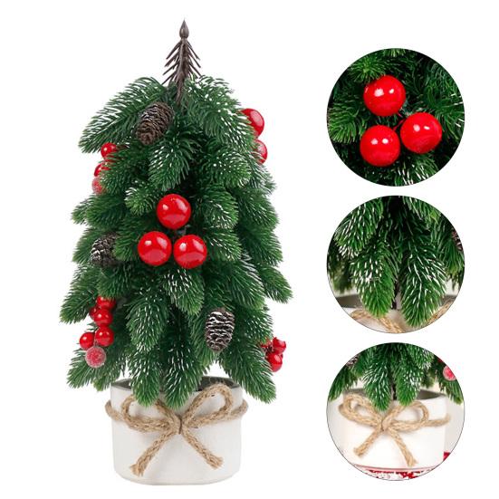 Mini Artificial Christmas Tree Ornament Tabletop Noble Fir with Red Berries Festive Holiday Decoration for Home Office Party