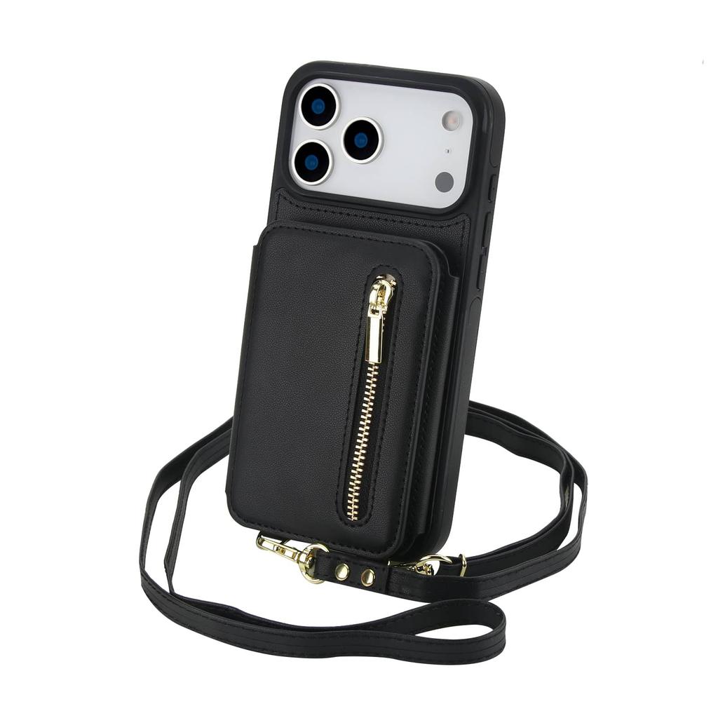 Zipper Wallet Case for iPhone 17/16e/16 Pro Max iPhone Air Women Crossbody Purse Credit Card Holder Lanyard Flip Kickstand Cover