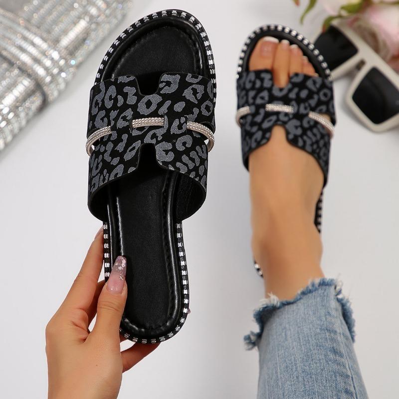 Large Size Summer New Flat-bottomed Casual Leopard Print One-word Rhinestone Women's Cool Slippers