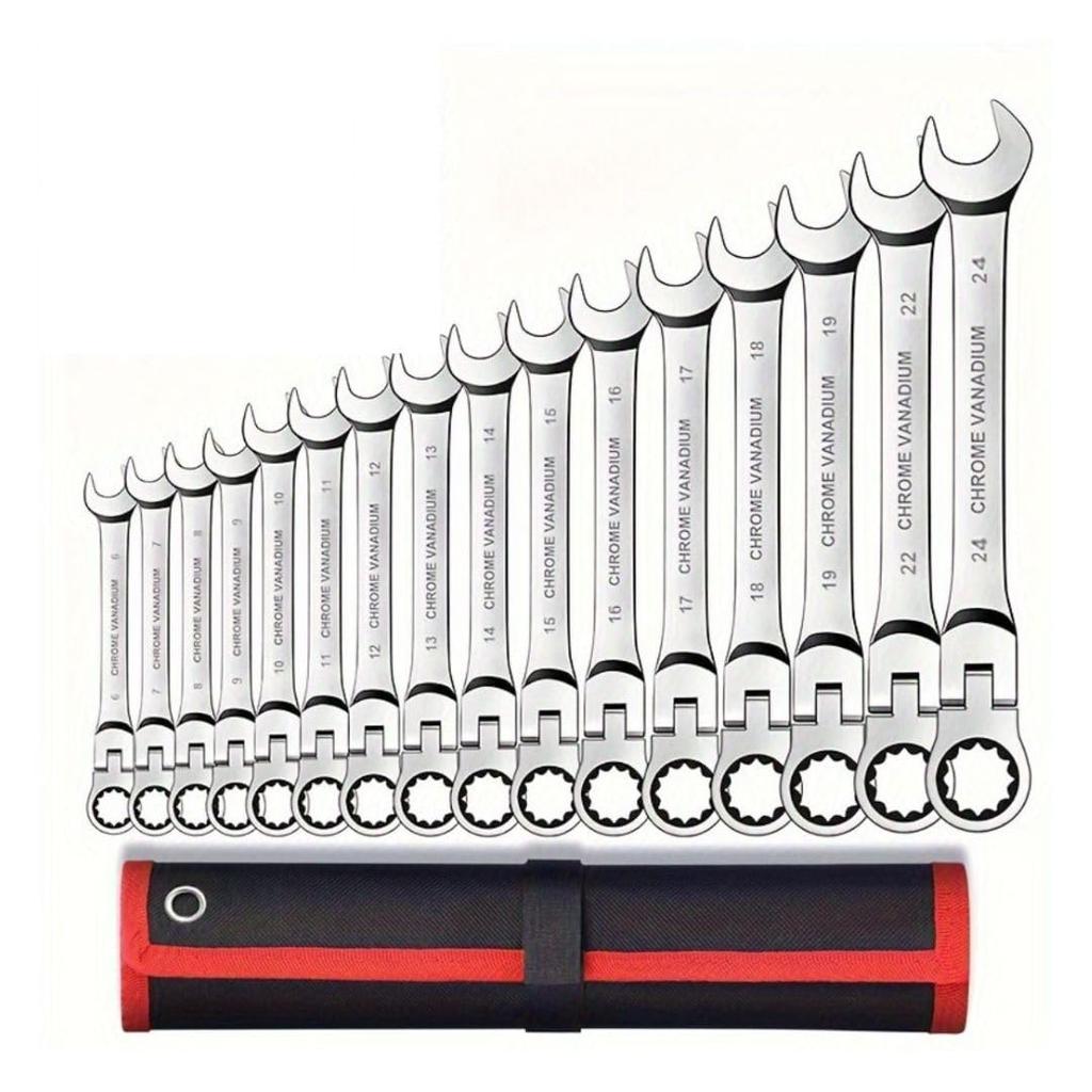 Swing Ratchet Wrench Set with Flex Ratchet Gear Wrench Automotive and Bicycle Repair Various Combination Ratchet Torque Ratchet Wrench 16-Piece Case,