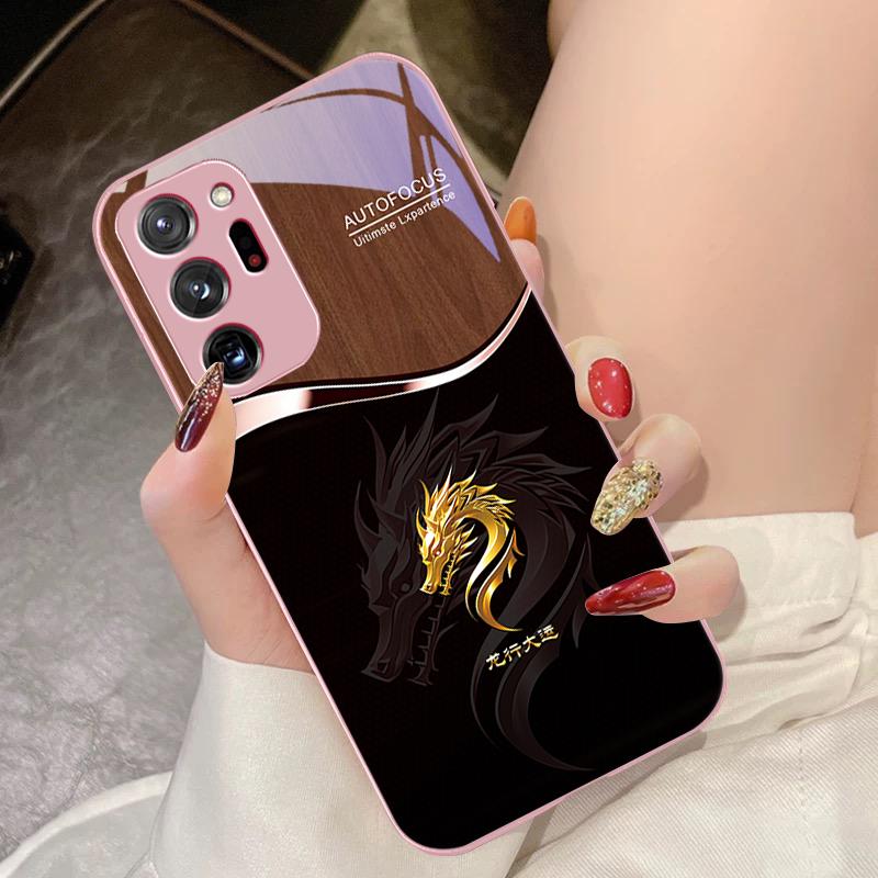 Wood Grain Dragon For Samsung Galaxy Note 8 9 10 PRO 20 Ultra A01 02 03 Core 04E 4G A10 12 13 5G Tempering Glass Phone Case