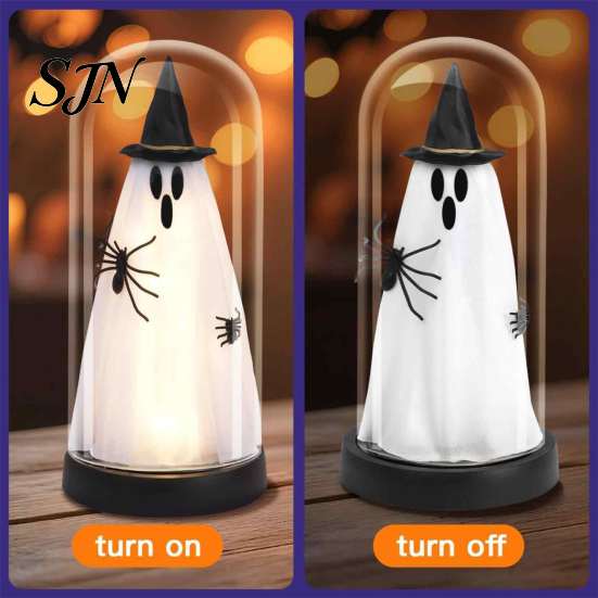Atmosphere Lamp for Home Indoor Light Up Ghost In Dome Cloche, Halloween Cute Witch Decorative Glowing Figurine Table with LED Kitchen Mantel Tabletop