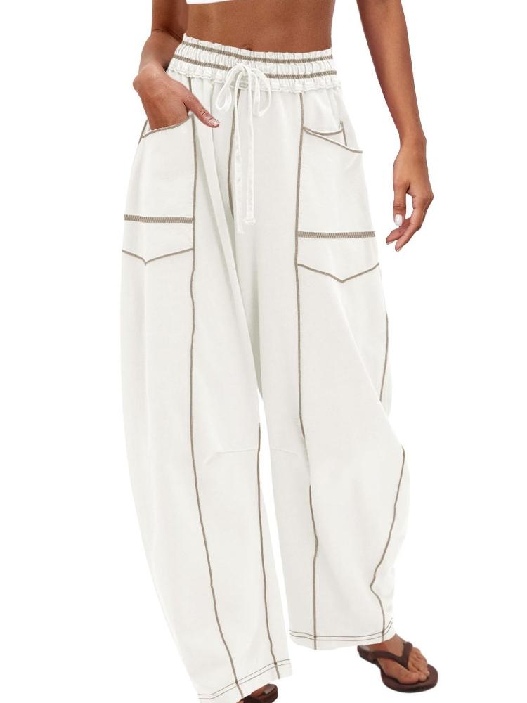 

Женские бежевые брюки широкого кроя с кулиской на талии и боковыми карманами XXL белый