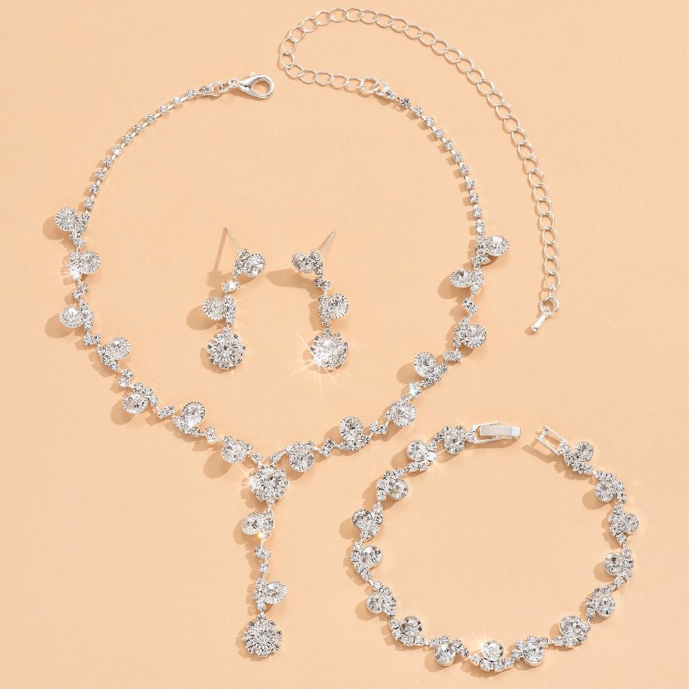 Pearls Crystal Jewelry Set Shining Necklace Bridal Earrings  Banquet