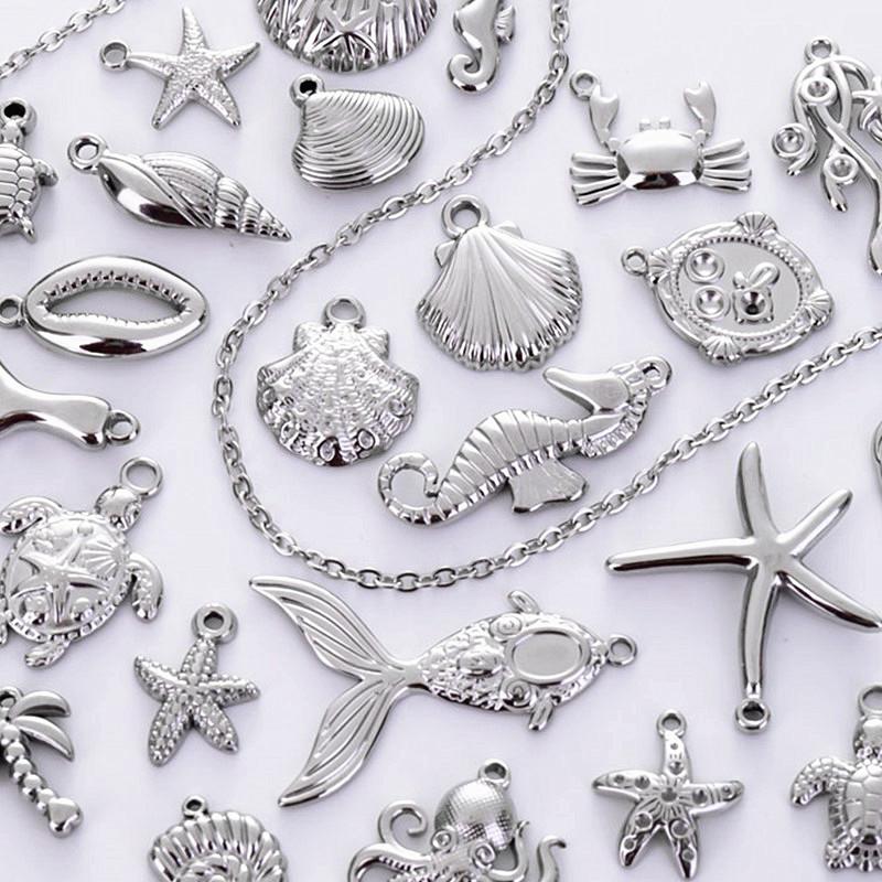 6pcs No Tarnish Ocean Marine Organism Stainless Steel Charms For Jewelry Making Supplies Fish Shell Crab Starfish Spiral Pendant