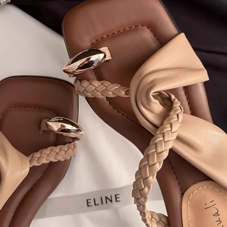 Slope heel soft-soled slippers women's summer new set of toe-woven one-word slips holiday beach sandals