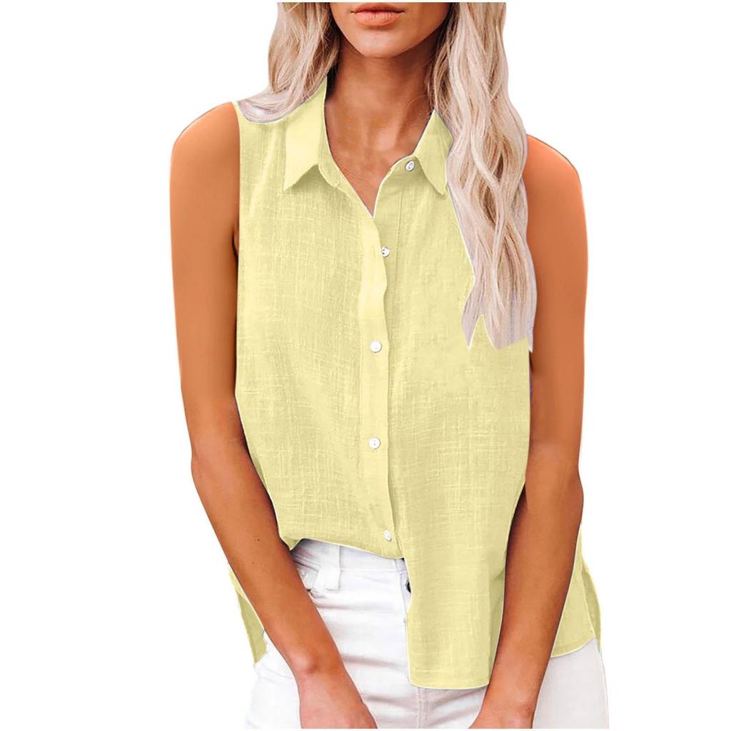 Women's Fashion Casual -Colour Sleeveless Cardigan Collar Cotton-Linen Button-Down Shirt T-Shirt Top