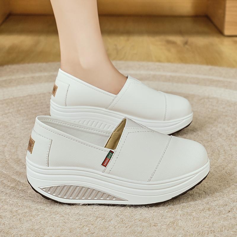 Women Platform Loafers Students Casual Black Leather Elevator Shoes Thick Sole Height Increase White Sneakers