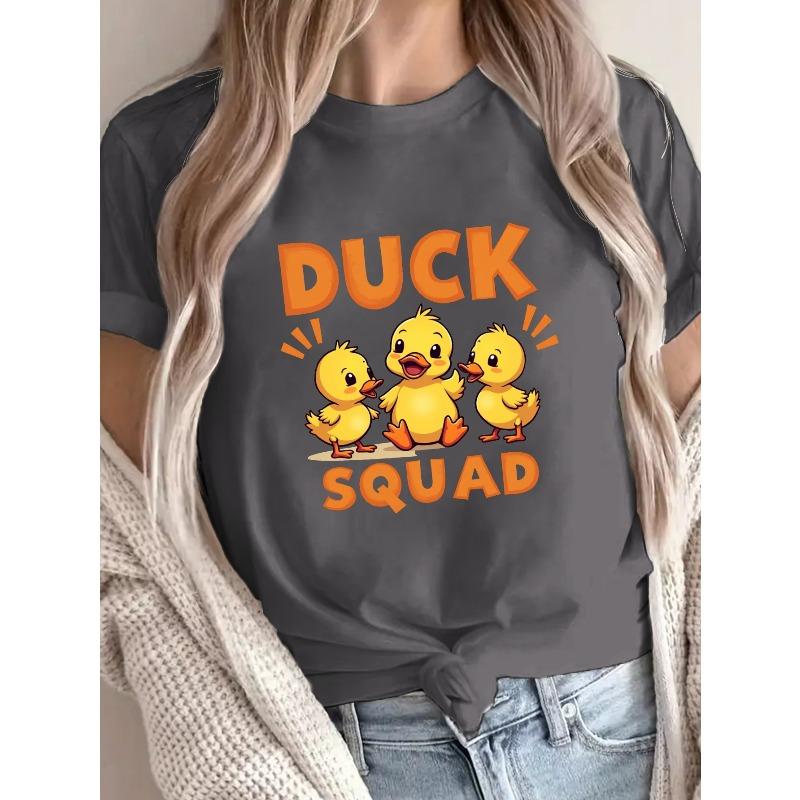 Ducklings DUCK SQUAD Print T-shirt, Short Sleeve Crew Neck Casual Top for Summer & Spring, Women's Clothing