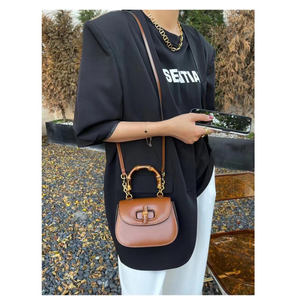 New High-end Messenger Bag Retro Simple Bamboo Bag Leather Fashion Saddle Bag Wide Shoulder Strap Single Shoulder Handbag
