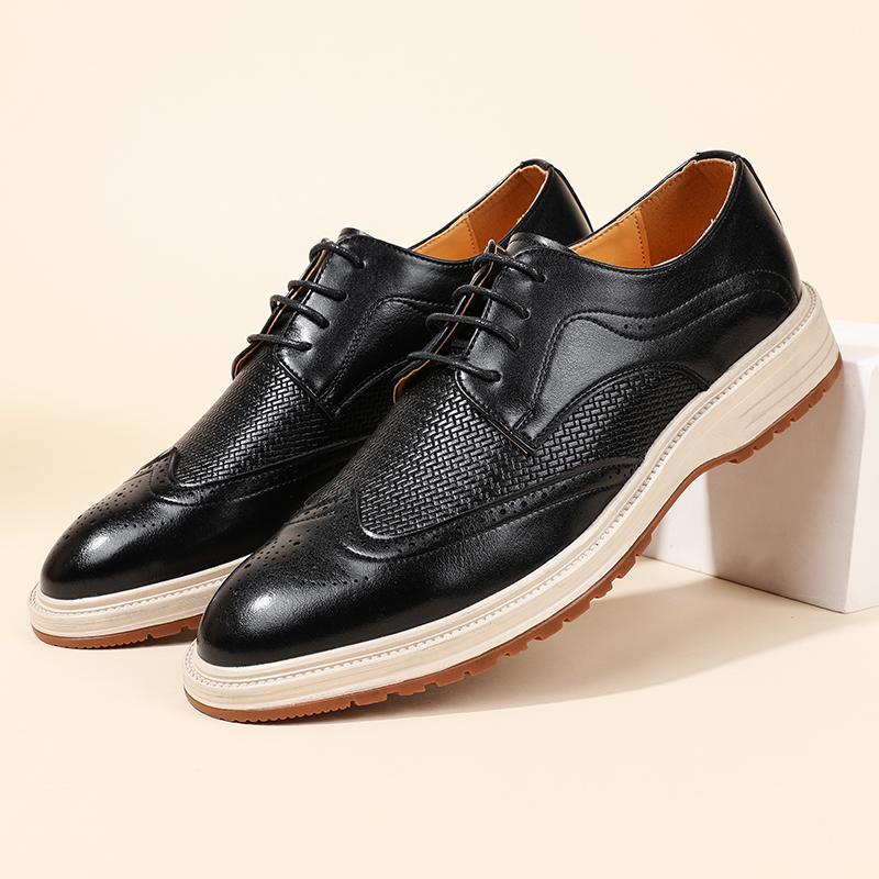 Mens Brogue Derby Shoes Thick Sole Leather Oxfords British Style Business Casual Lace Up Dress Shoes Luxury Design 38 чёрный