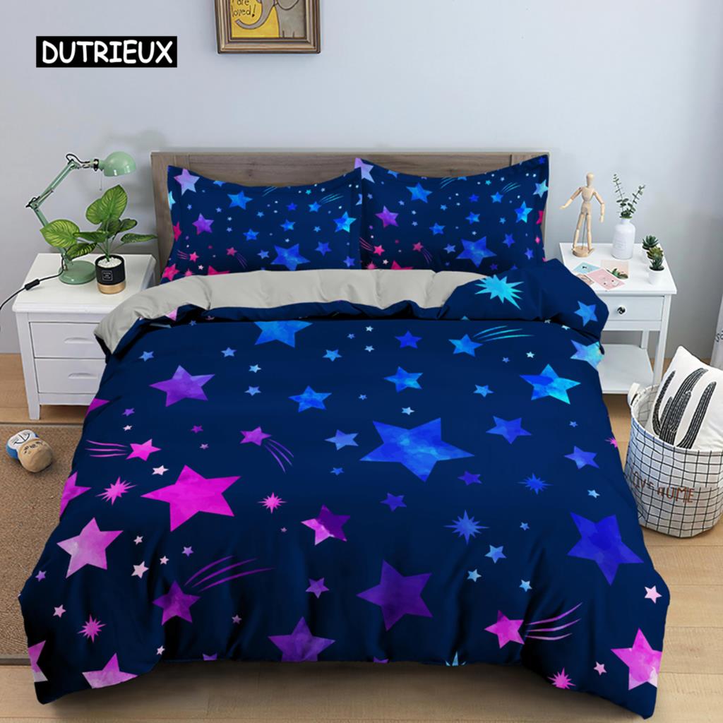 Colorful Stars Duvet Cover Set Microfiber Yellow Pink Stars Soft Bedding Set Single King Queen Twin Size 2/3pcs Comforter Cover