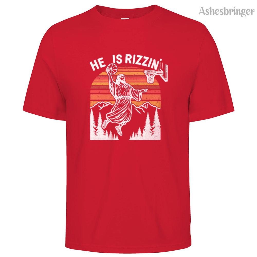Mens Cotton He Is Rizzin Graphic Easter Jesus Christian Basketball T Shirt Street Casual Style Tee for Men and Women