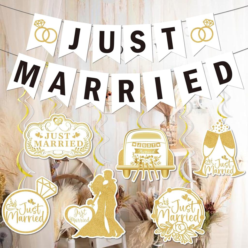 Just Married Banner Just Married Decorations Gold Glitter Wedding Banner Wedding Party Decorations