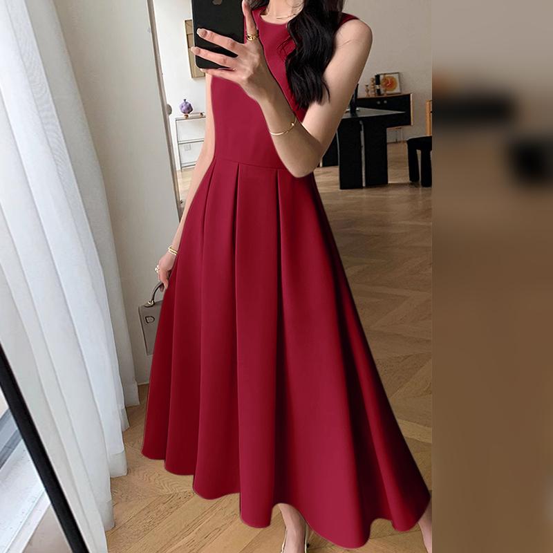 

ZANZEA Женское летнее плиссированное платье без рукавов с круглым вырезом вино красного