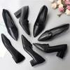 Fashion Women Elegant Simple Black Pumps Soft Sole Square High Heels Pointed Toe Sewing Slip On Office Work Shoes Comfortable