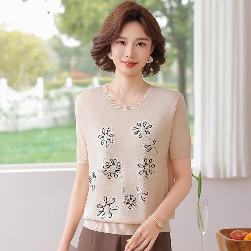 

Women s Summer Ice Silk Short Sleeve T-shirt - Knitted Round Neck Cardigan Style for Middle-aged Mothers L (Recommended for up to 52.5 kg)