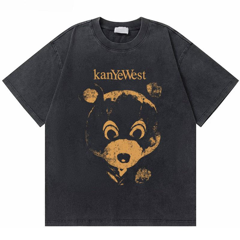 Washed Vintage Rapper Kanye West The College Dropout Bear Graphic T-shirt Men Women Hip Hop Summer Fashion Pop Music T Shirts