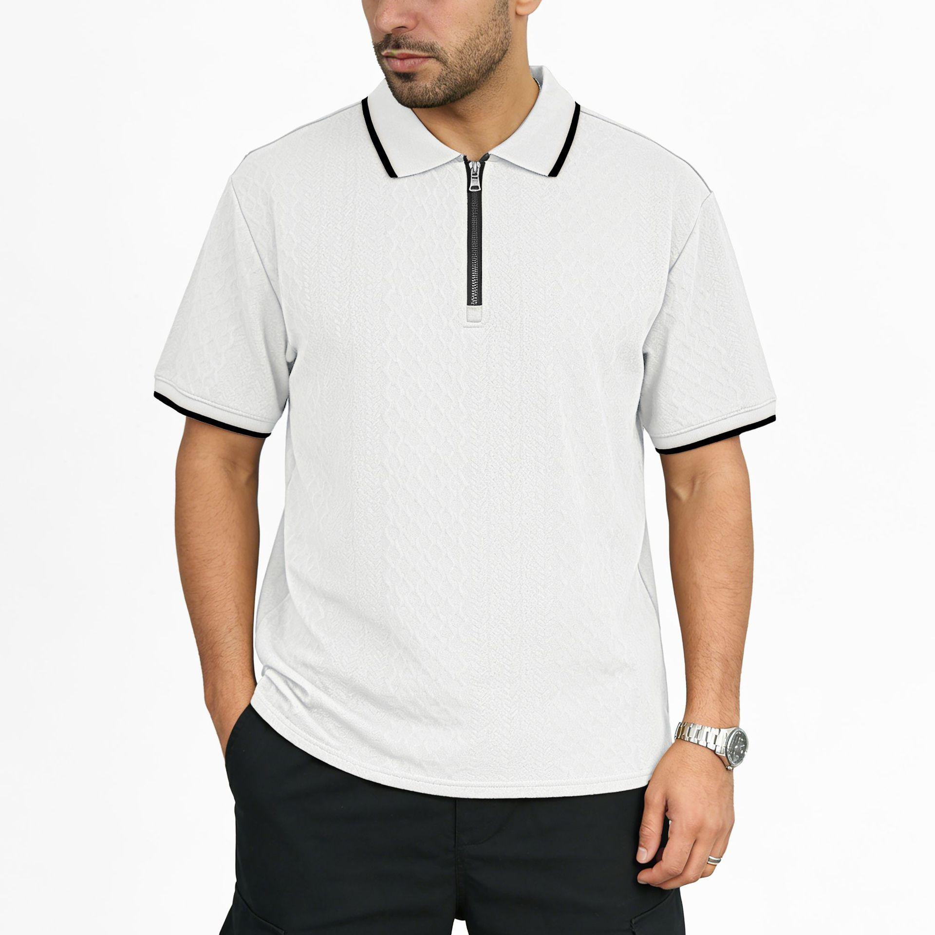 Plus Size Men Loose Short Sleeve Zipper Turn Down Collar Casual Jacquard Polo Shirt S