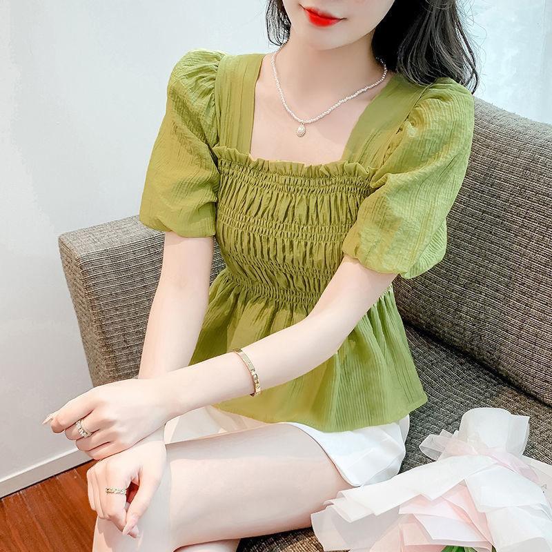 New Summer Design Niche Short Top Covering Belly Small Shirt French Square Collar Short Sleeve Chiffon Shirt Women's Clothing
