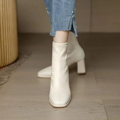 High-heeled Boots Thick Heel White Short Boots Women's Autumn New Thin Boots Women's Rear Zipper Square Head Looks Thin