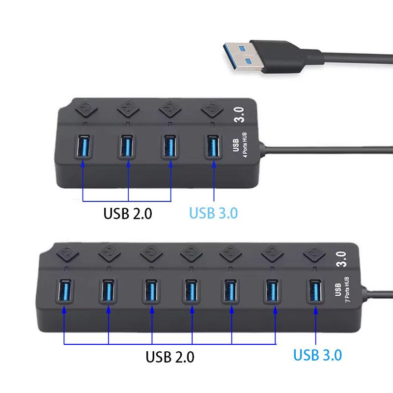 USB HUB 4/7 Ports USB3.0 Cable Splitter with Power Switch Out USB 2.0 Extend Adapter Data Transfer Dock Station