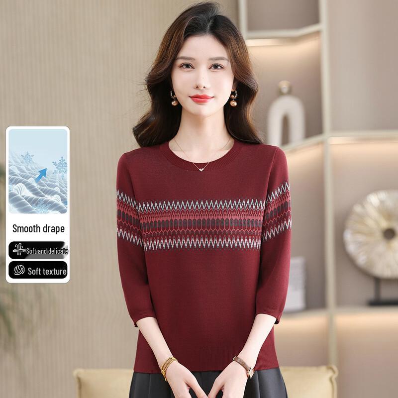 

SNOWFLYING Women s Elegant Fair Isle Colorblock Jacquard Nine-Sleeve Knit Top XL