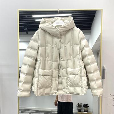 Leichte Daunenjacke für Damen, kurz, mit Kapuze, einreihig, locker, gerade Röhre, Herbst-Winter, weiße Ente, Daunenmantel