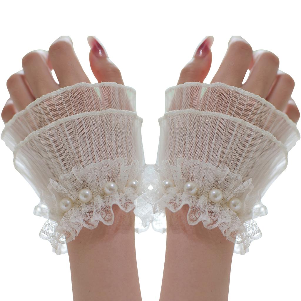 Stretchable Sheer Hand Sleeves Wrist Cuffs Cover with Delicate Lace And Artificial Pearls For Formal Event Anime Event