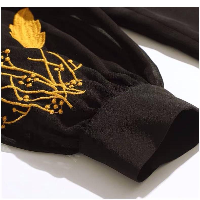 Black Chiffon Embroidery Shirt for Women with Long Sleeves Loose Boulse