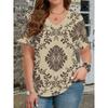 Ethnic Style T-Shirts Vintage Floral 3D Print Women's V-Neck Short Sleeve T Shirt Y2k Harajuku Tees Casual Tops Female Clothing