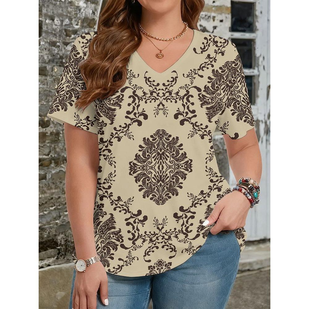 Ethnic Style T-Shirts Vintage Floral 3D Print Women's V-Neck Short Sleeve T Shirt Y2k Harajuku Tees Casual Tops Female Clothing