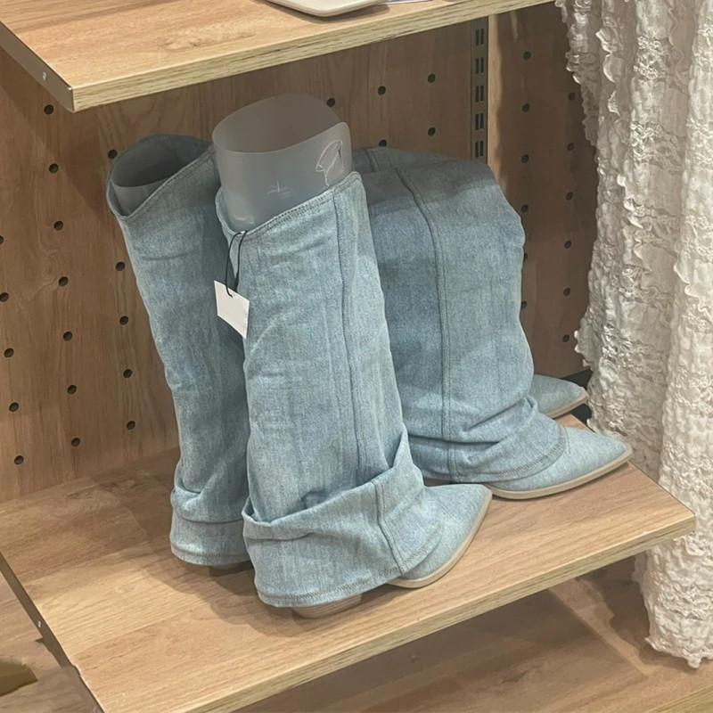 Boots Women's Pointed High Heel Western Cowboy Boots Vintage Blue Thick Heel Big Pant Pants Boots Knight High Boots