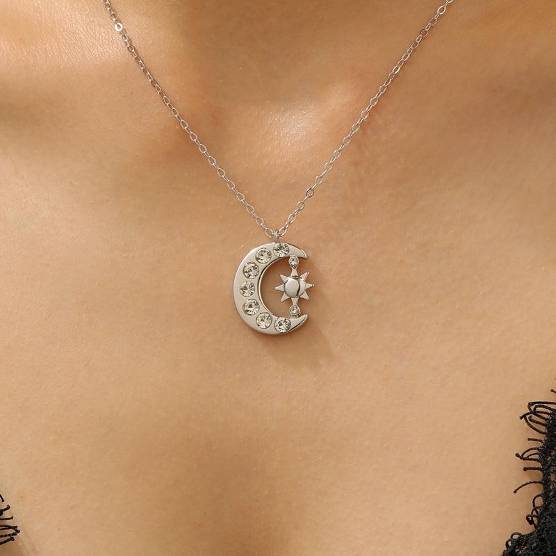 Collar Colgante Estrella Luna de Cobre Incrustado con Pedrería para Mujer Cadena Clavícula Sol Luna Metálico Brillante Joyería Y2K Regalo
