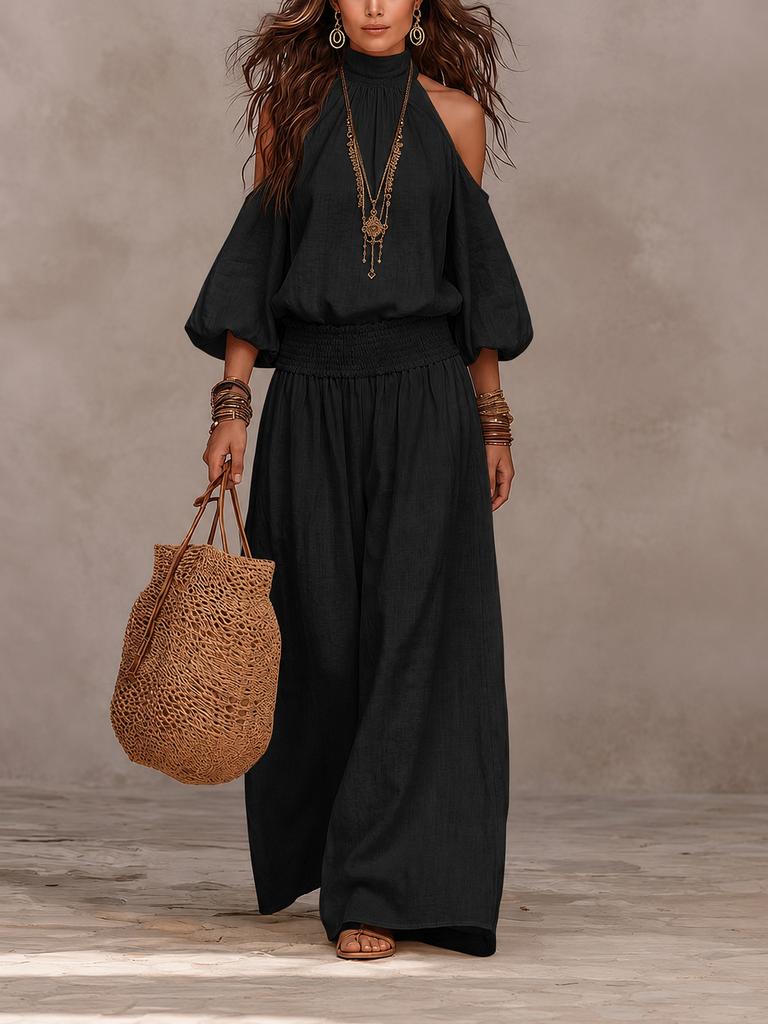 Damen schulterfreies Oberteil und Hose Set Lässig Elastische Taille Weite Hosen Boho Resort Kleidung Zweiteiliges Outfit