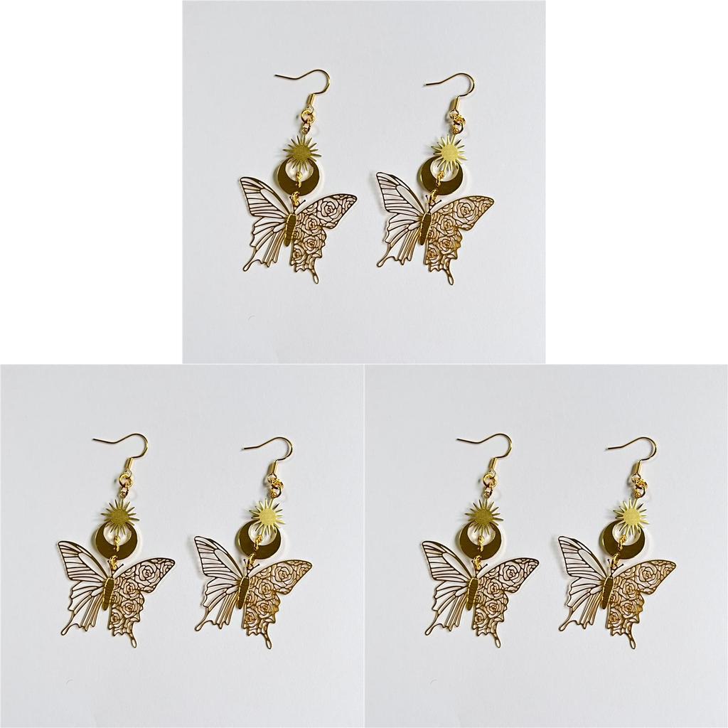 Gold Star Moon Dangle Earrings With Butterfly Pattern For Fashion Women