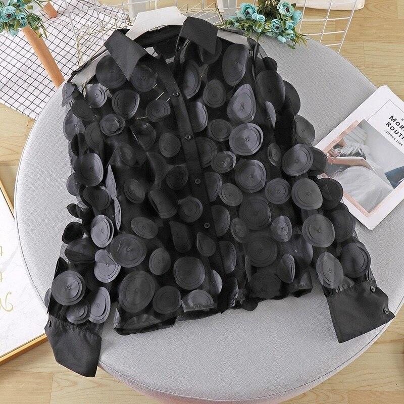 

Элегантная сетчатая блузка с длинными рукавами и полым фонариком, женская элегантная свободная шифоновая рубашка, женская трехмерная одежда в горошек 21900 One Size чёрный