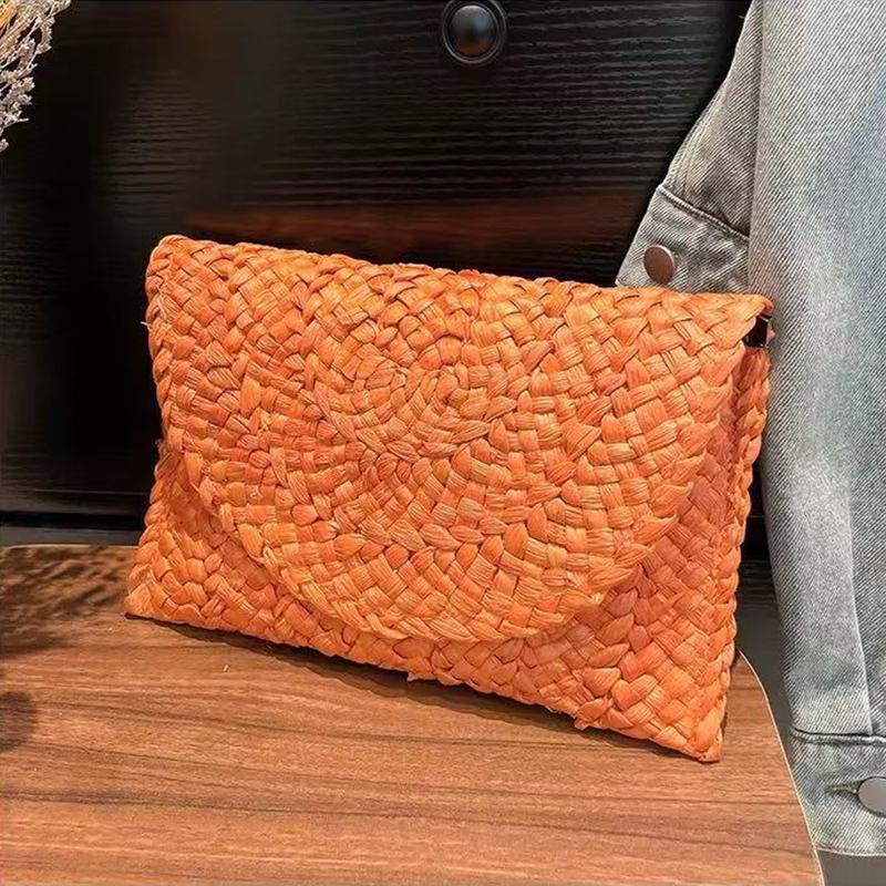 Fashion Beach Purse Women Summer Beach Bag Envelope Woven Clutch Solid Color Large Capacity Storage Bag Corn Husk Straw Hand Bag