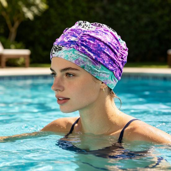 Cloth Swimming Pool Cap for Women, Breathable Colorful Ruffle Swim Cap, Elastic Ear Protection Short Long Hair Bathing Hat